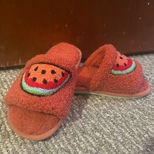 Fuzzy slid slippers with watermelon desig